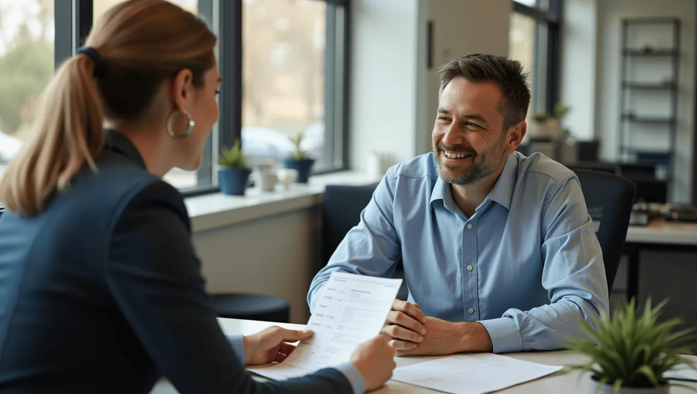 California credit union interior with member discussing rate options with loan officer