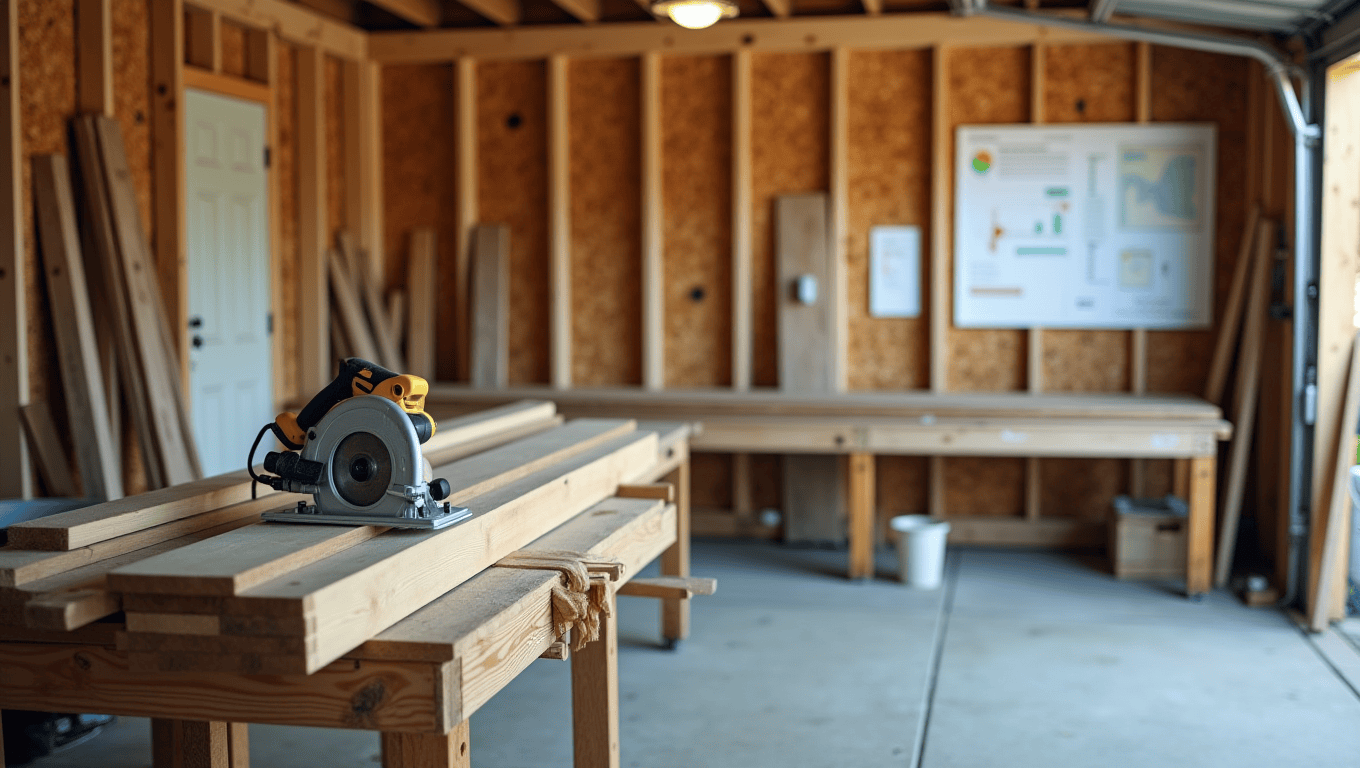 California home workshop with tools and DIY project materials spread out