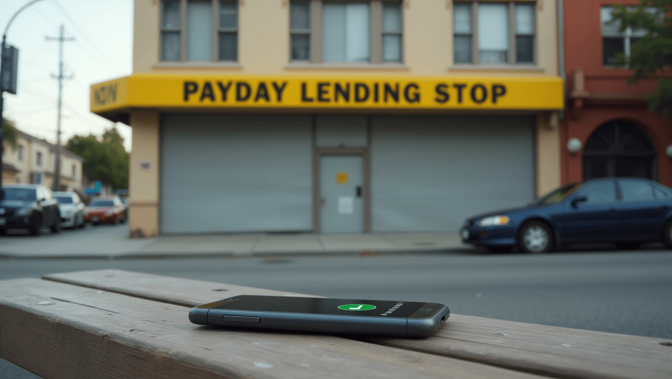 Closed payday lending storefront with a personal loan approval notification on phone in foreground