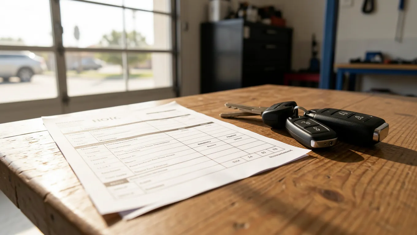 Mechanic invoice and car keys on a sunny table