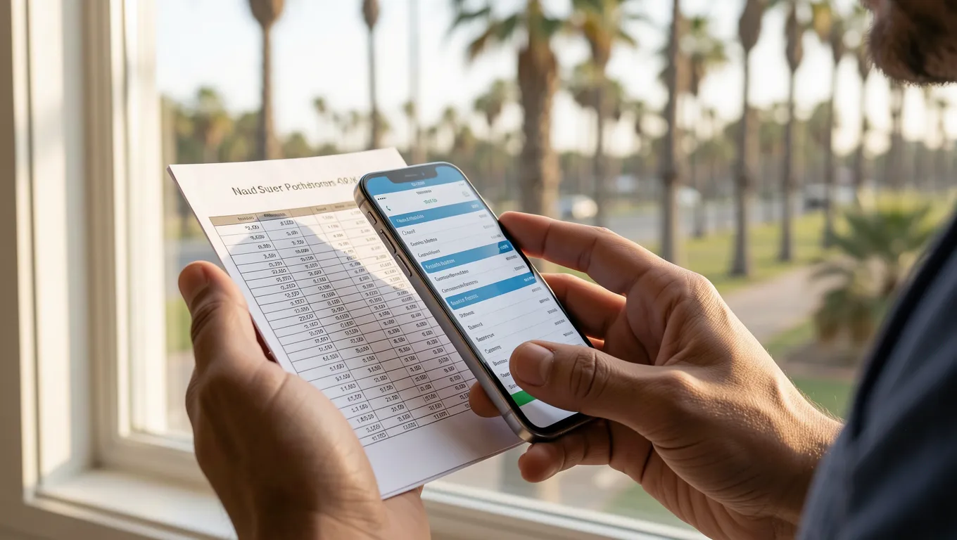 Person reviewing financial data on a smartphone near palm trees
