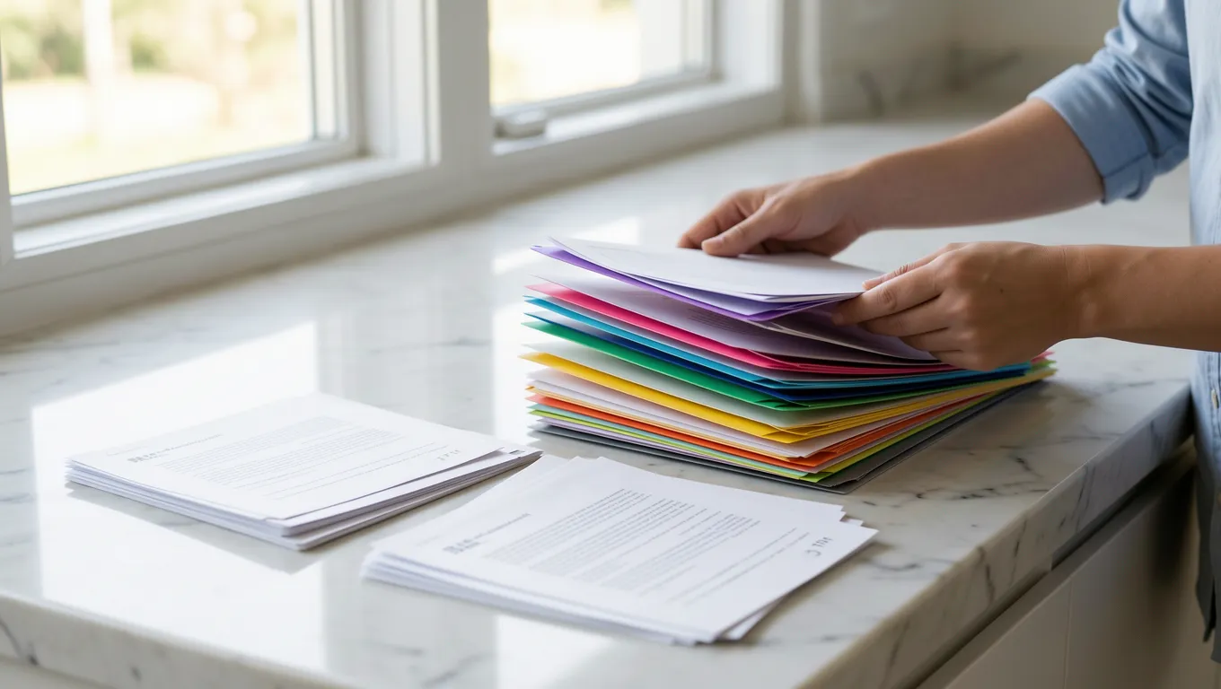 Person organizing financial documents and budgeting folders in sunlight