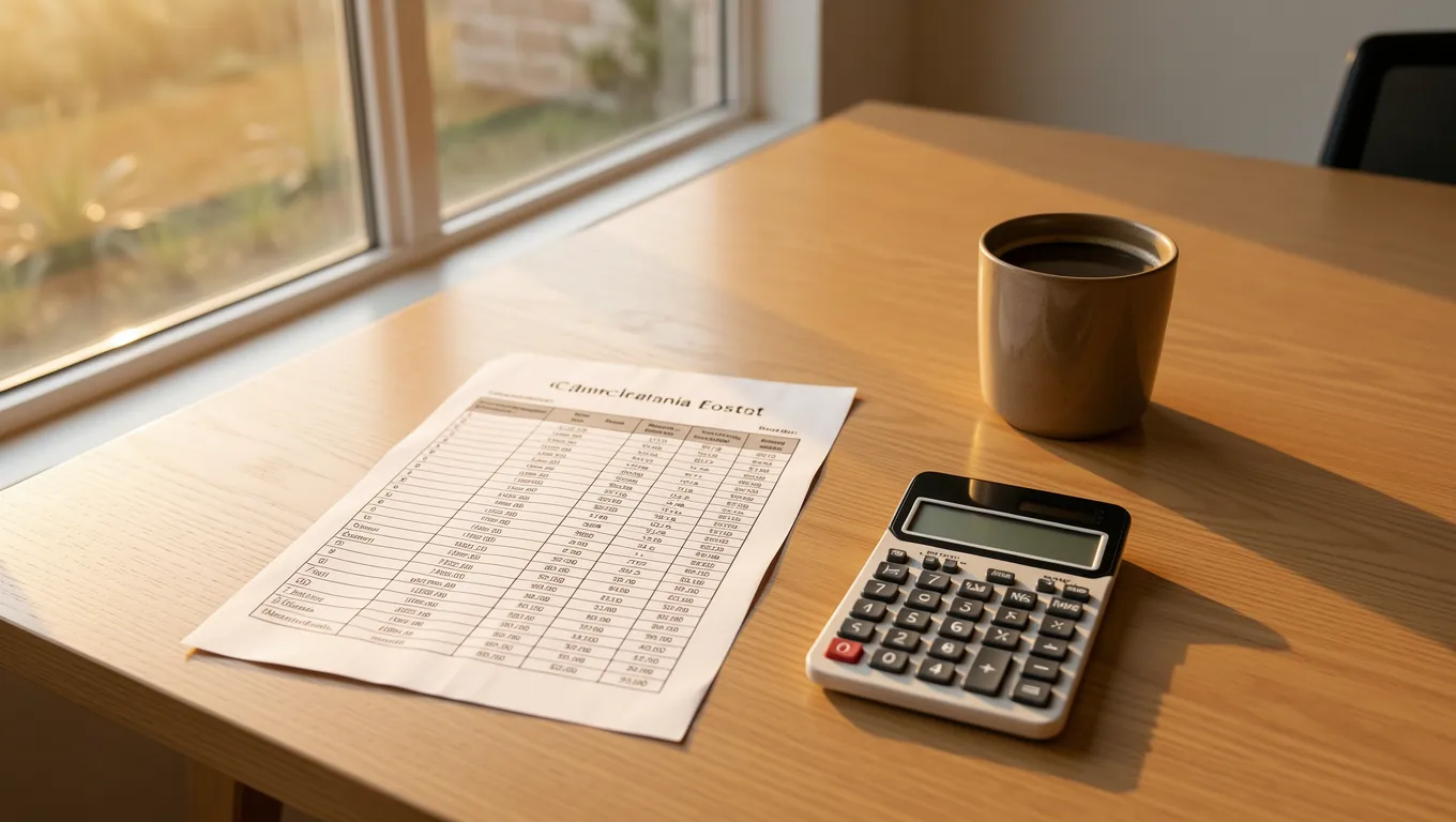 Budgeting tools on a sunlit desk in a California home office