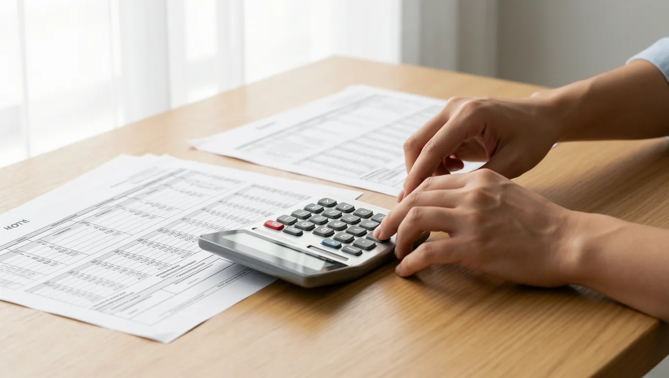 Person calculating taxes and debt-to-income ratios at home