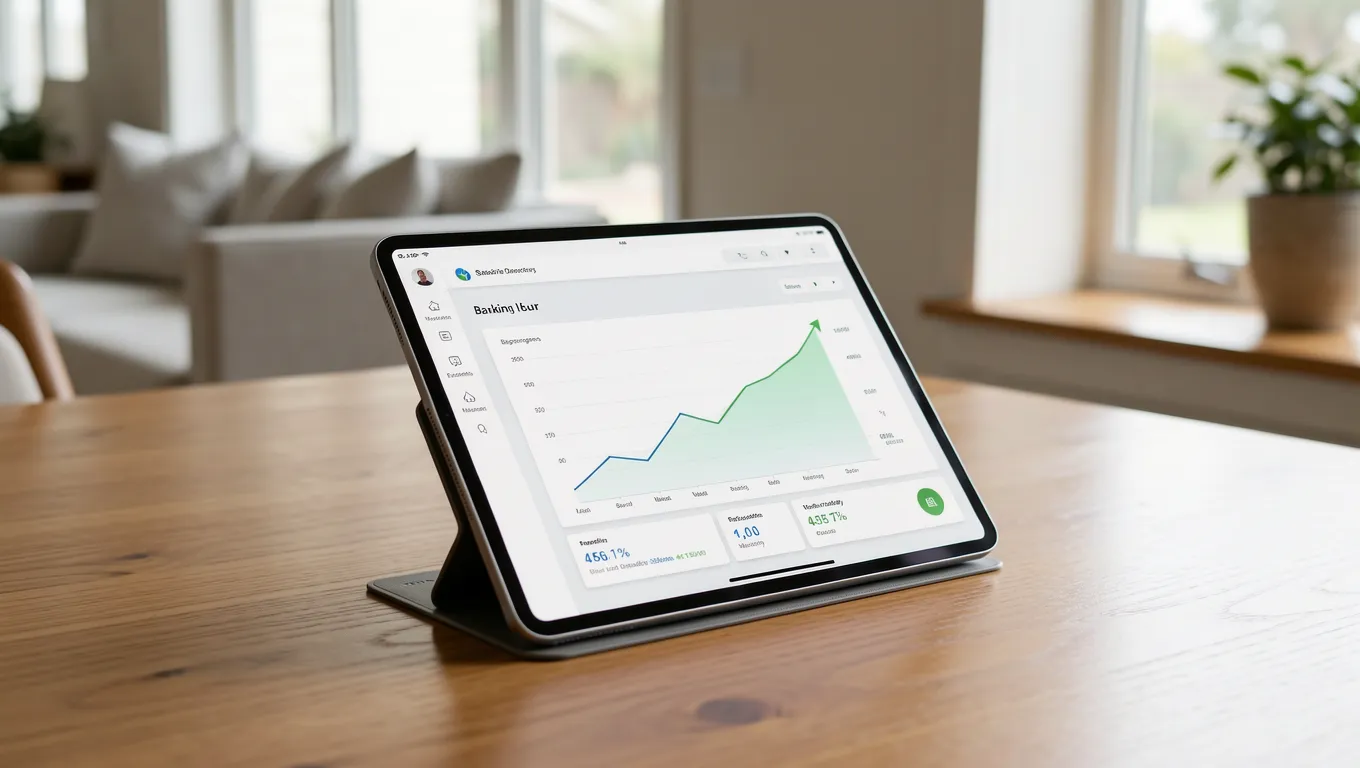 Digital banking app showing rising income trends on a tablet