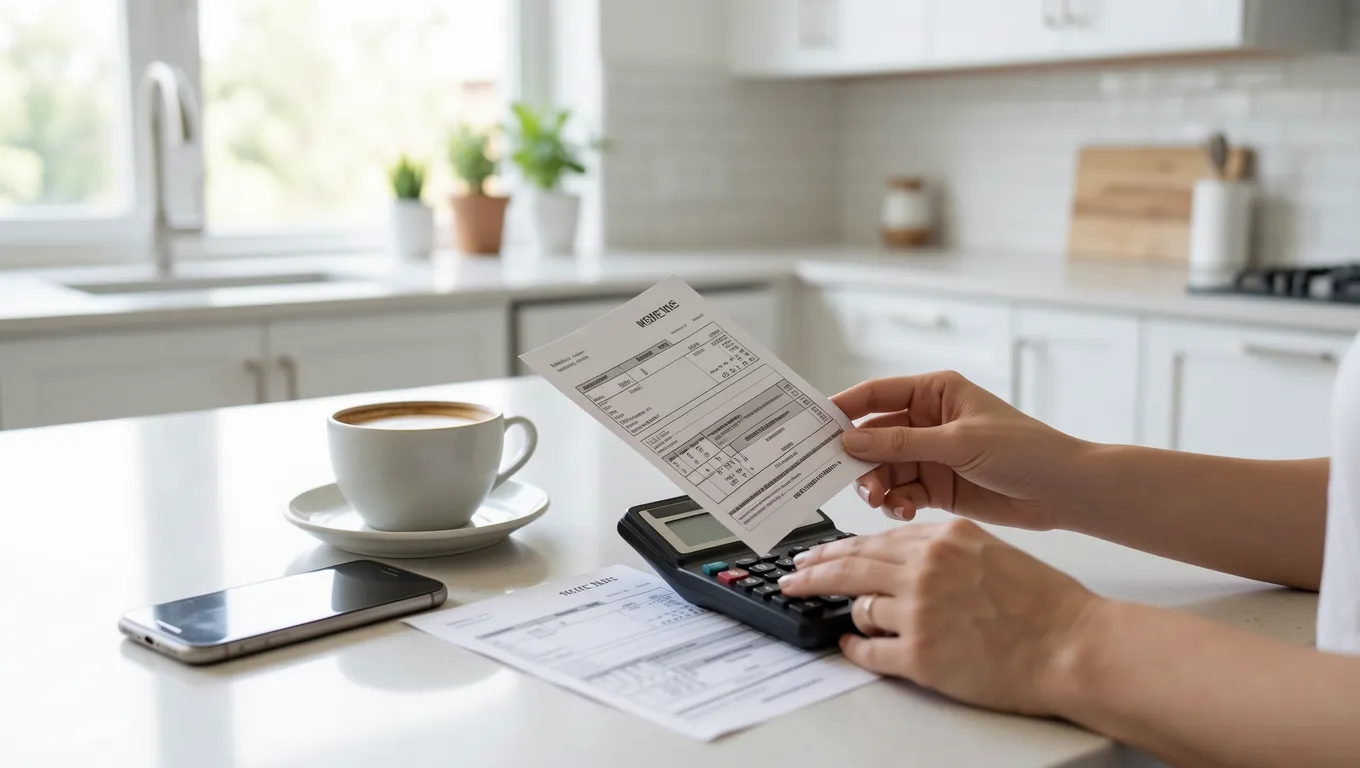 Person calculating monthly expenses and new paychecks at home