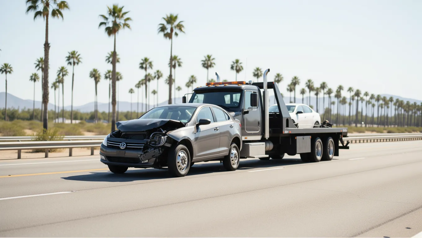 A car being towed on a California highway during a bright day