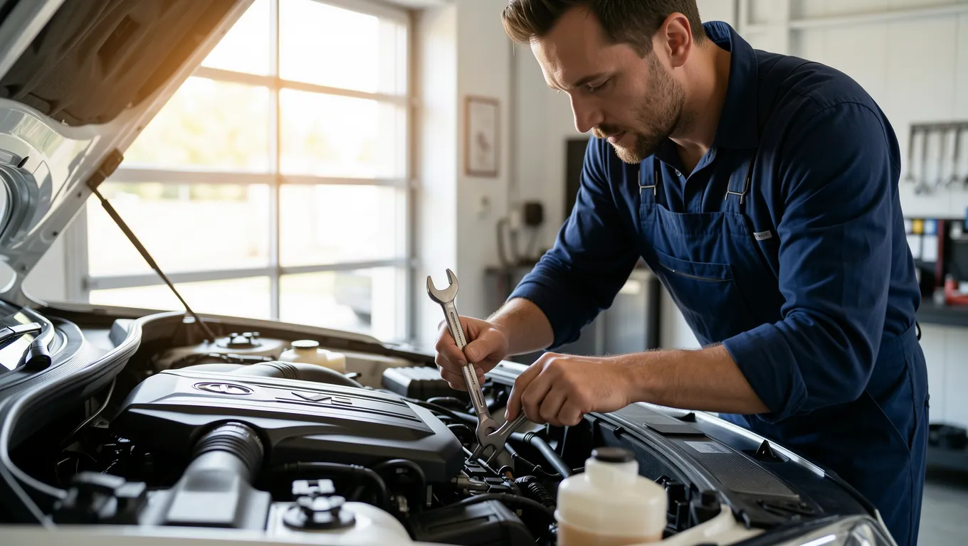 A mechanic performing repairs on a vehicle engine in a workshop