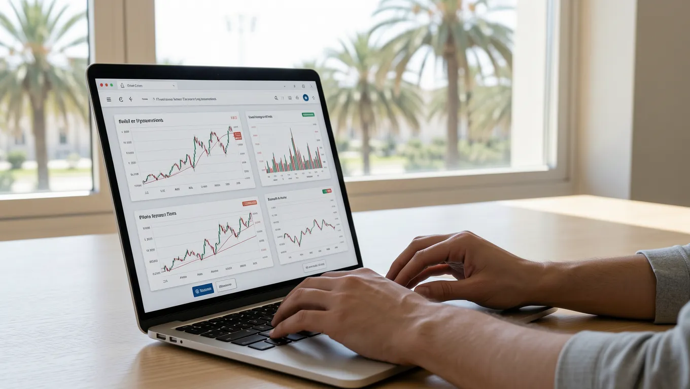 Hands using a laptop to review financial data