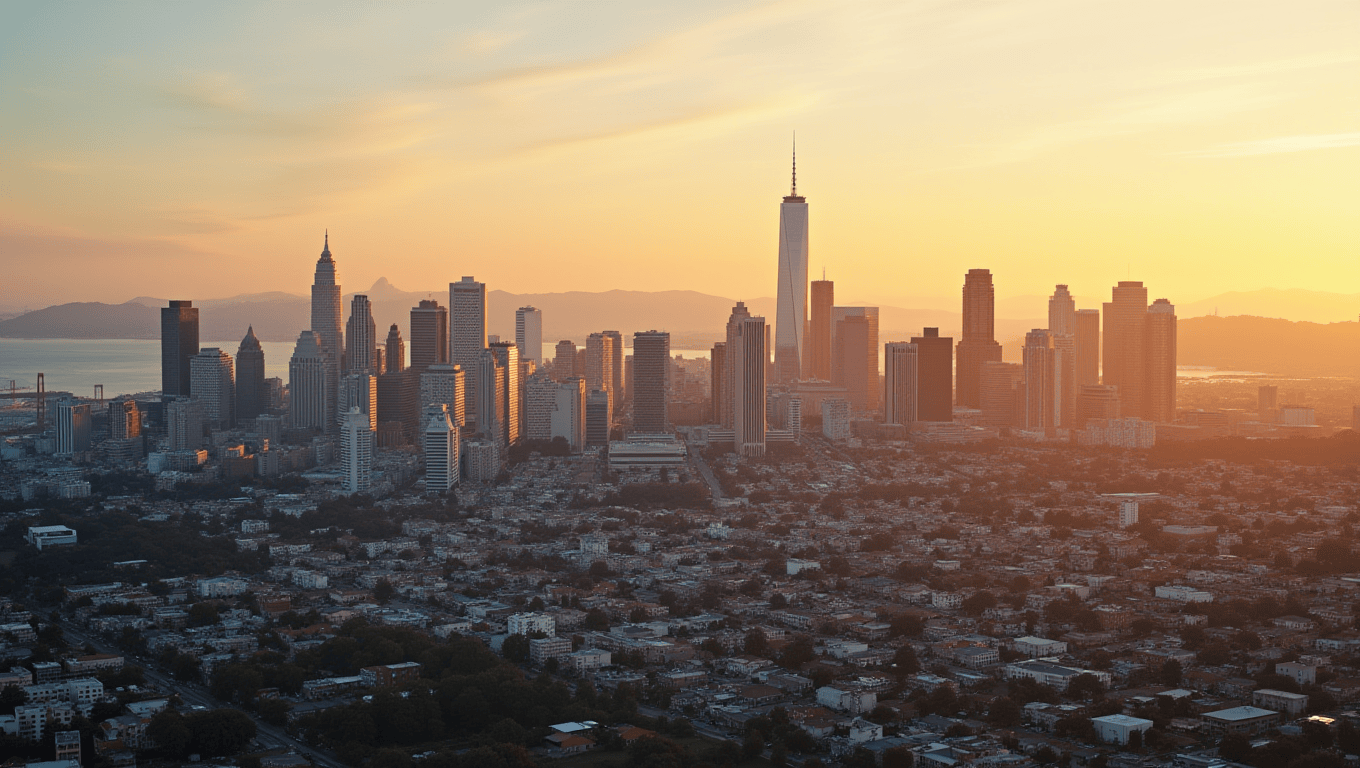 Collage of California city landmarks with families and homes in each location