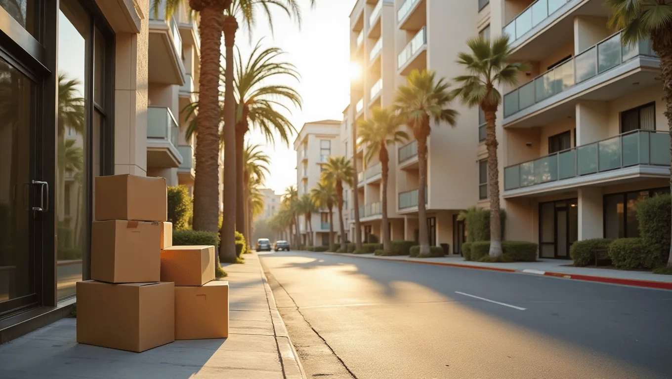 Los Angeles apartment building with residents moving in and setting up their new homes