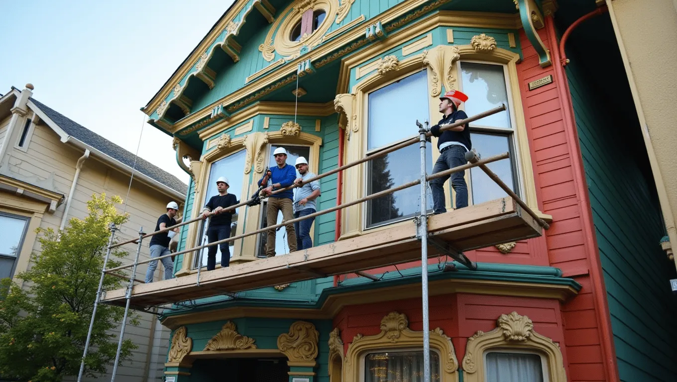 San Francisco Victorian home getting exterior painted by restoration crew