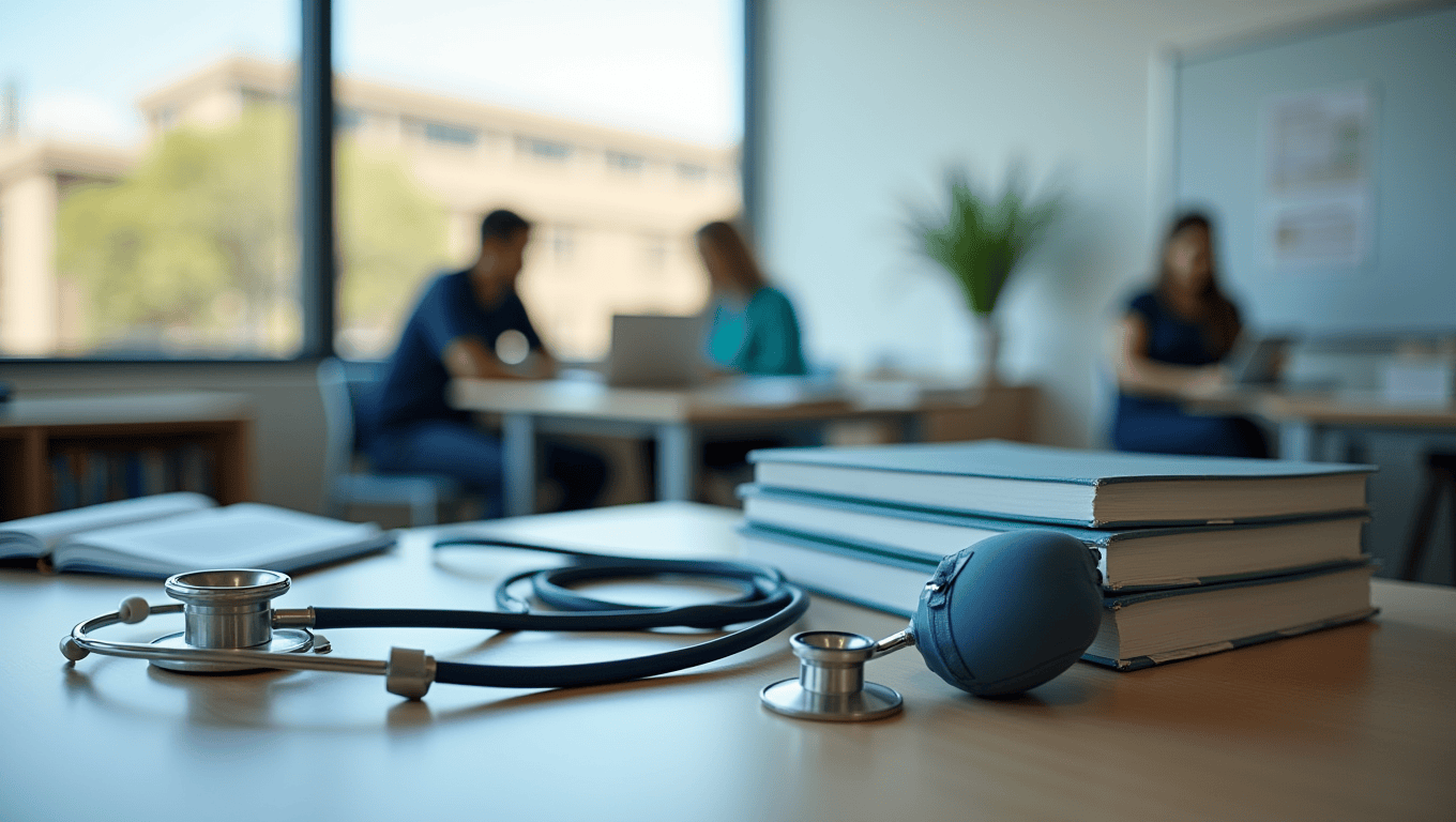 San Jose community college student with new nursing program equipment and textbooks