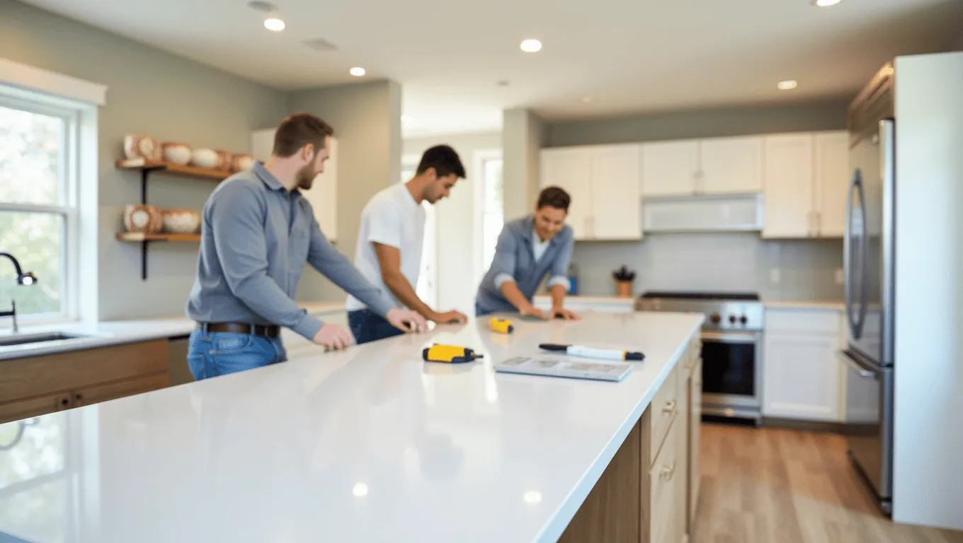 California contractor installing a modern kitchen island with quartz countertops