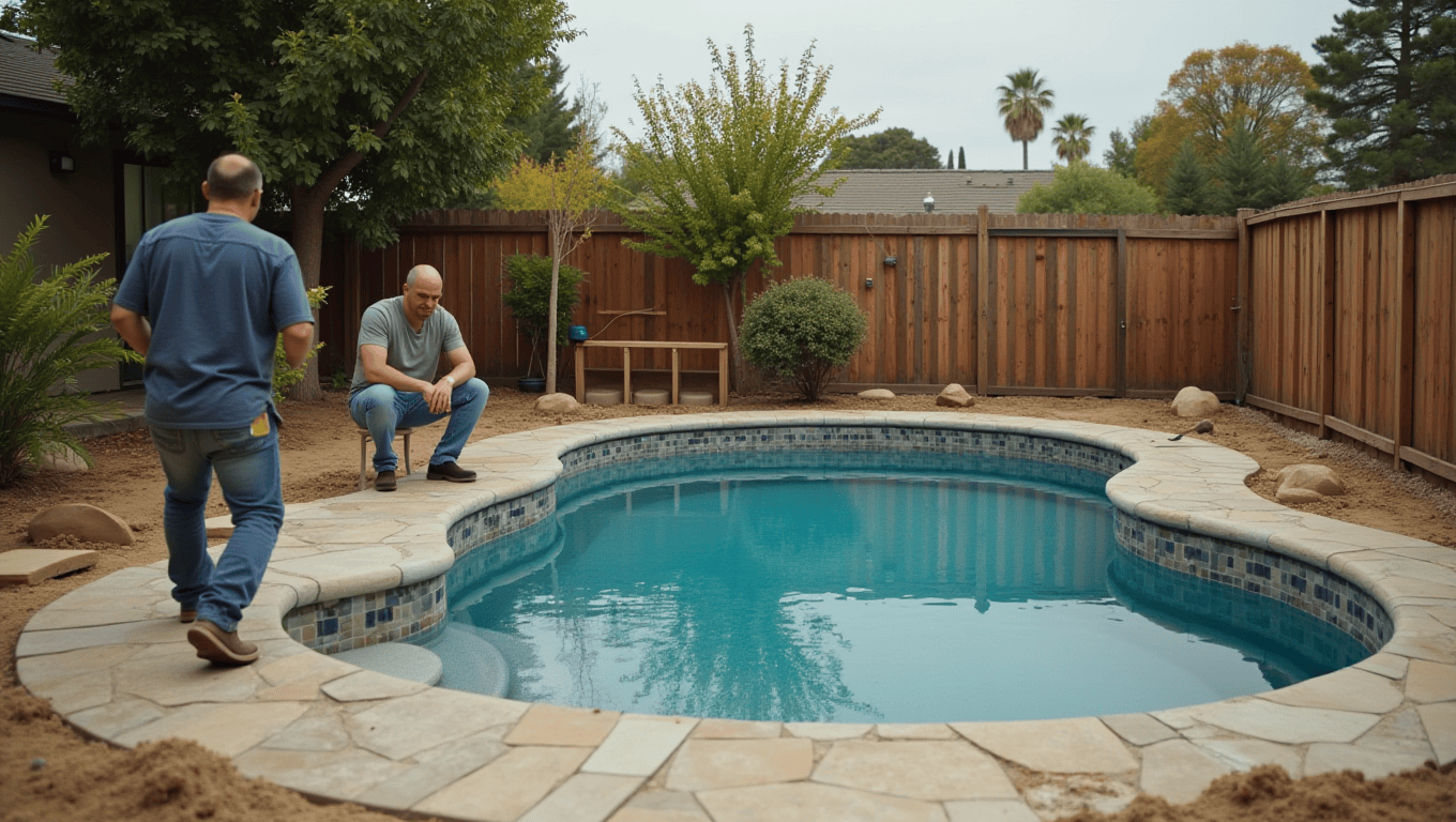 California pool construction in backyard with excavation equipment and framing