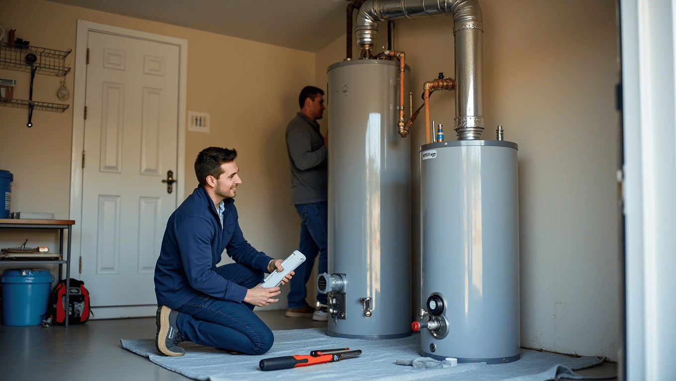 California plumber replacing old water heater in a home garage