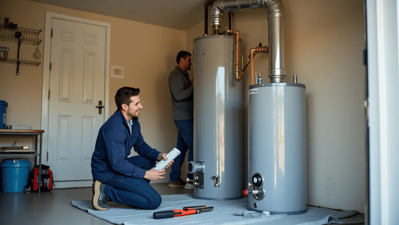 California plumber replacing old water heater in a home garage