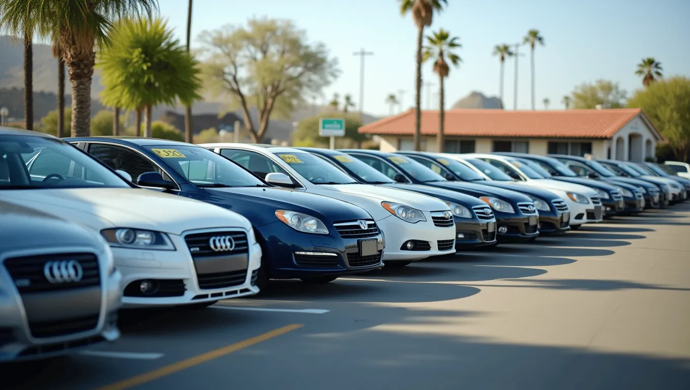 Used car lot in California with buyer inspecting a reliable sedan for purchase