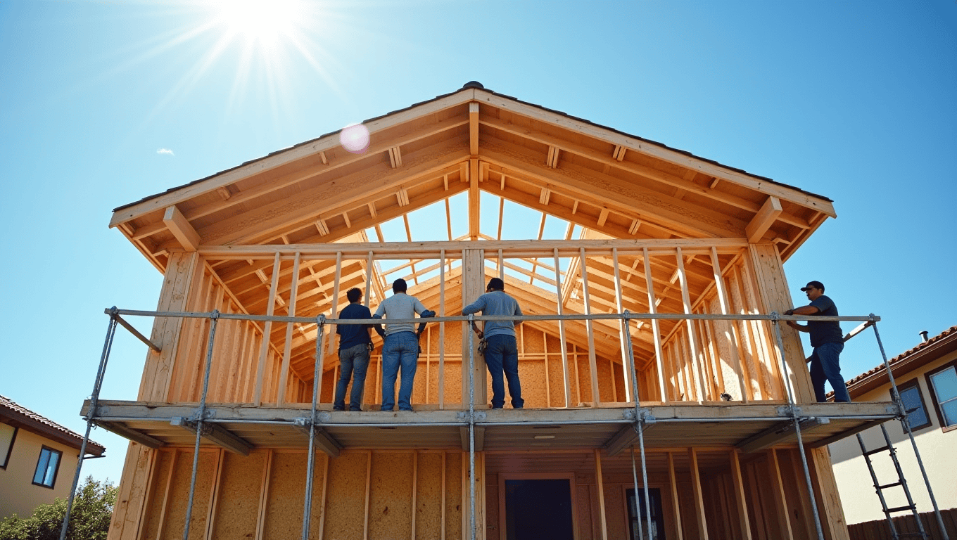 Major California home addition under construction with framing and roof work