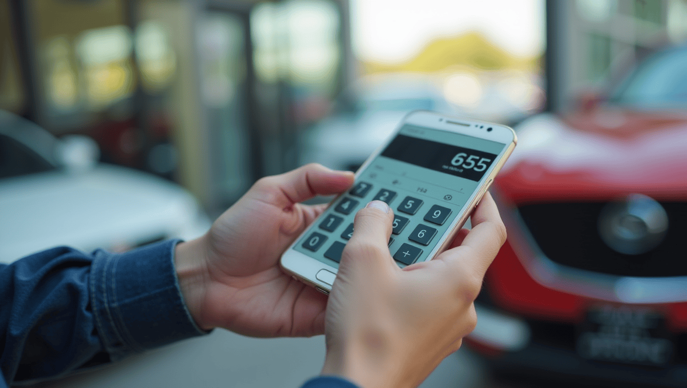 California car buyer using phone calculator in dealership to estimate monthly payments