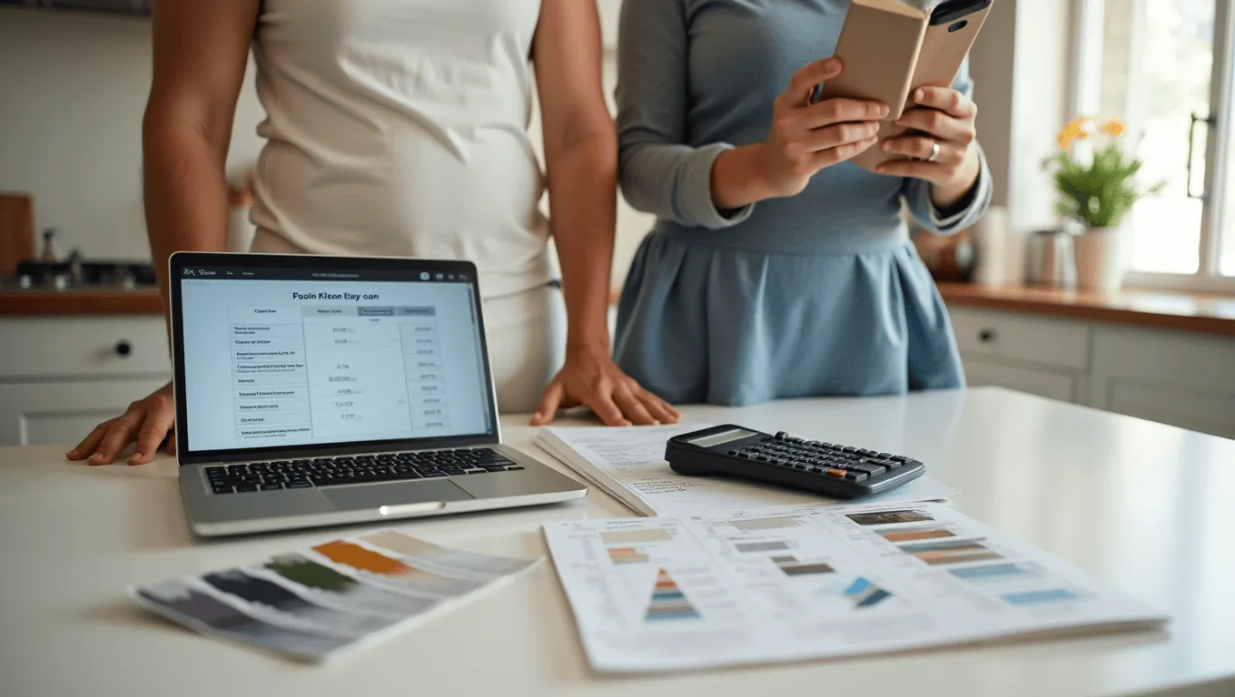 California couple at kitchen counter using calculator to plan home renovation budget