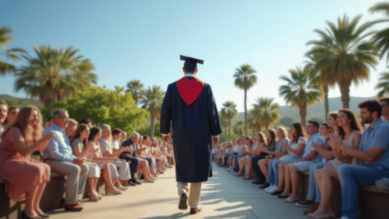 California graduate walking across stage at commencement ceremony, debt-free future ahead