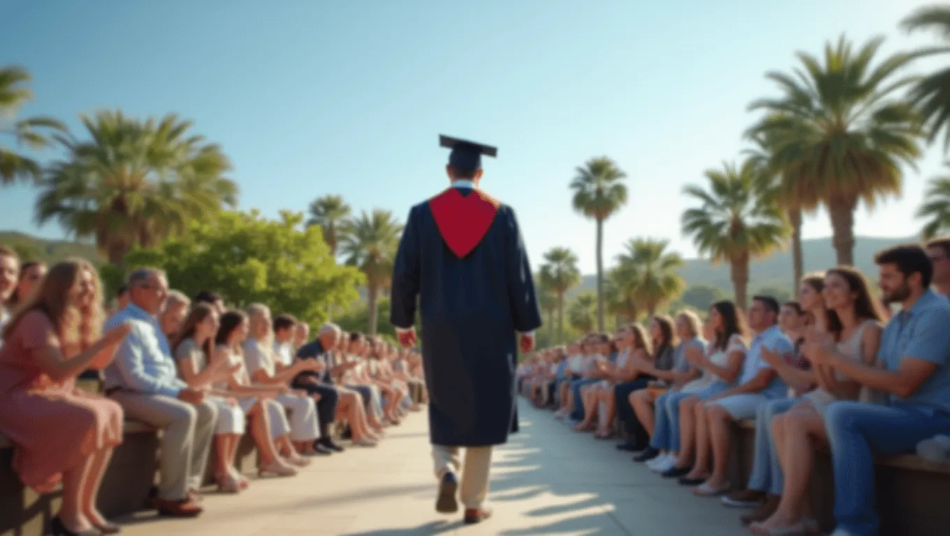 California graduate walking across stage at commencement ceremony, debt-free future ahead