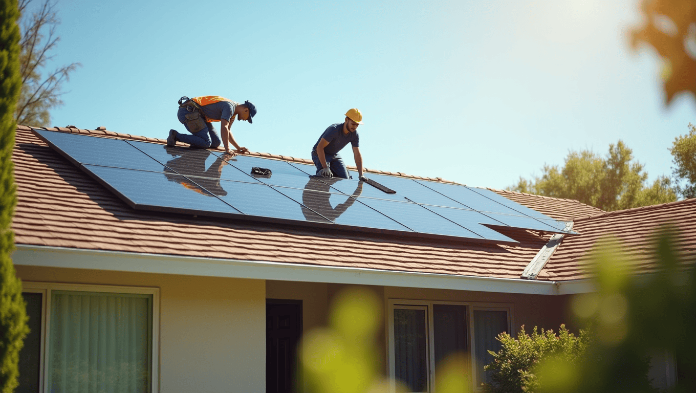 California homeowner installing new solar panels on their roof with blue sky backdrop